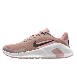 A pink and black athletic shoe with a textured mesh upper and Nike swoosh, featuring a white and light pink sole for flexibility.