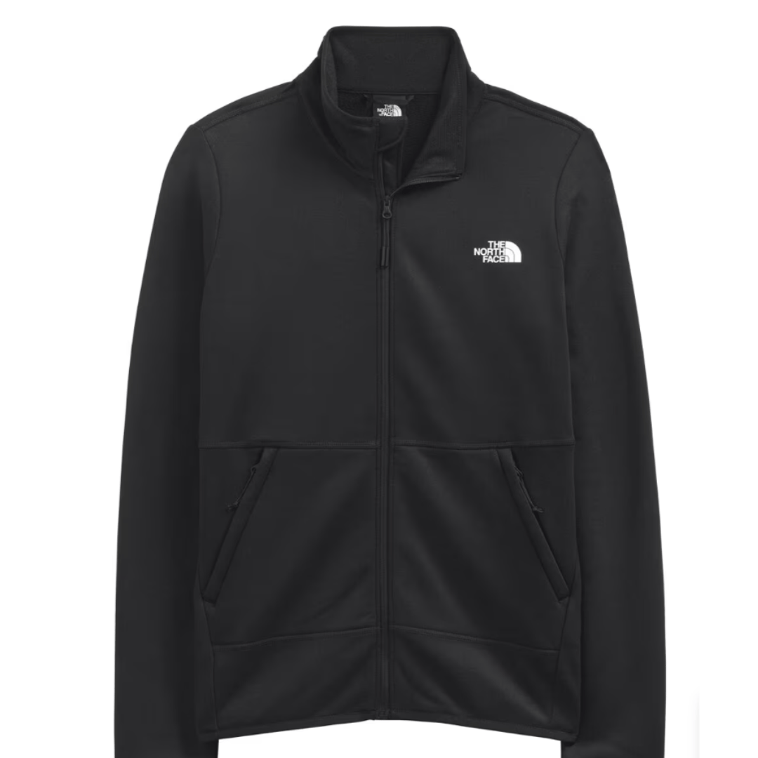 Black zip-up fleece jacket with side pockets, featuring The North Face logo on the left chest.