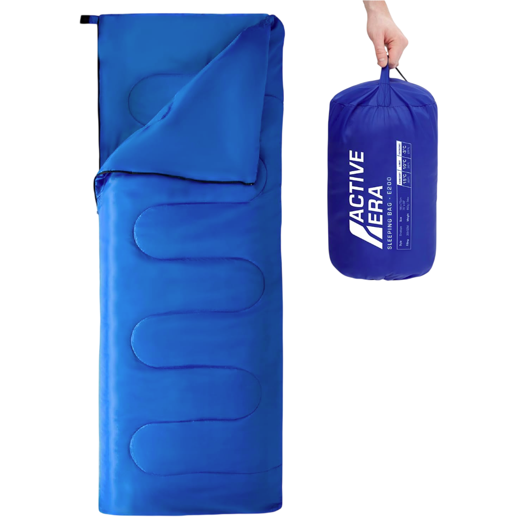 A blue sleeping bag with a rectangular design is shown alongside its compact storage bag, labeled \“Active Era Sleeping Bag - E200.\“