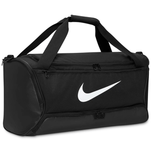 Black Nike Brasilia Duffel Bag with a large white Nike swoosh logo, featuring dual carry handles, multiple zippers, and a spacious design for sports or travel gear.