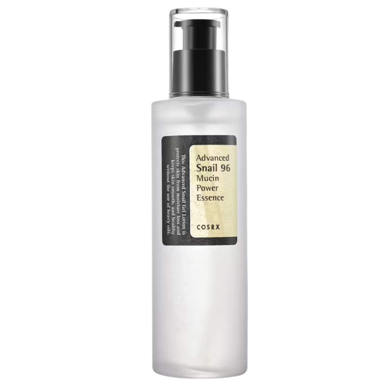 COSRX Advanced Snail 96 Mucin Power Essence features a sleek bottle design with a pump dispenser.