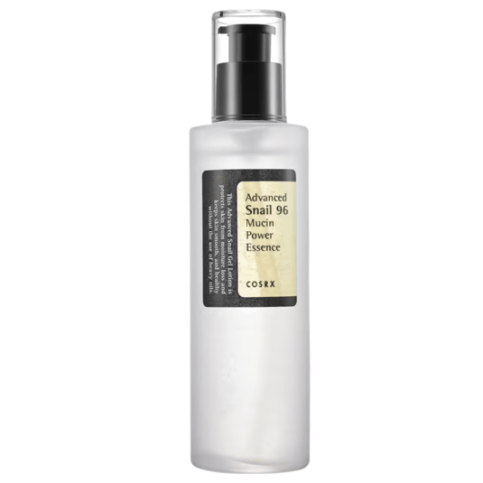 COSRX Advanced Snail 96 Mucin Power Essence features a sleek bottle design with a pump dispenser.