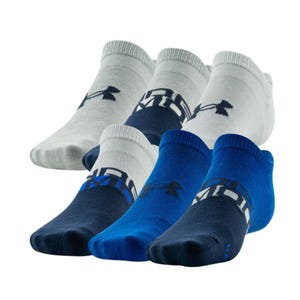 Six pairs of Under Armour no-show socks in white and shades of blue, featuring the brand's logo on the foot and stripe patterns around the ankle.