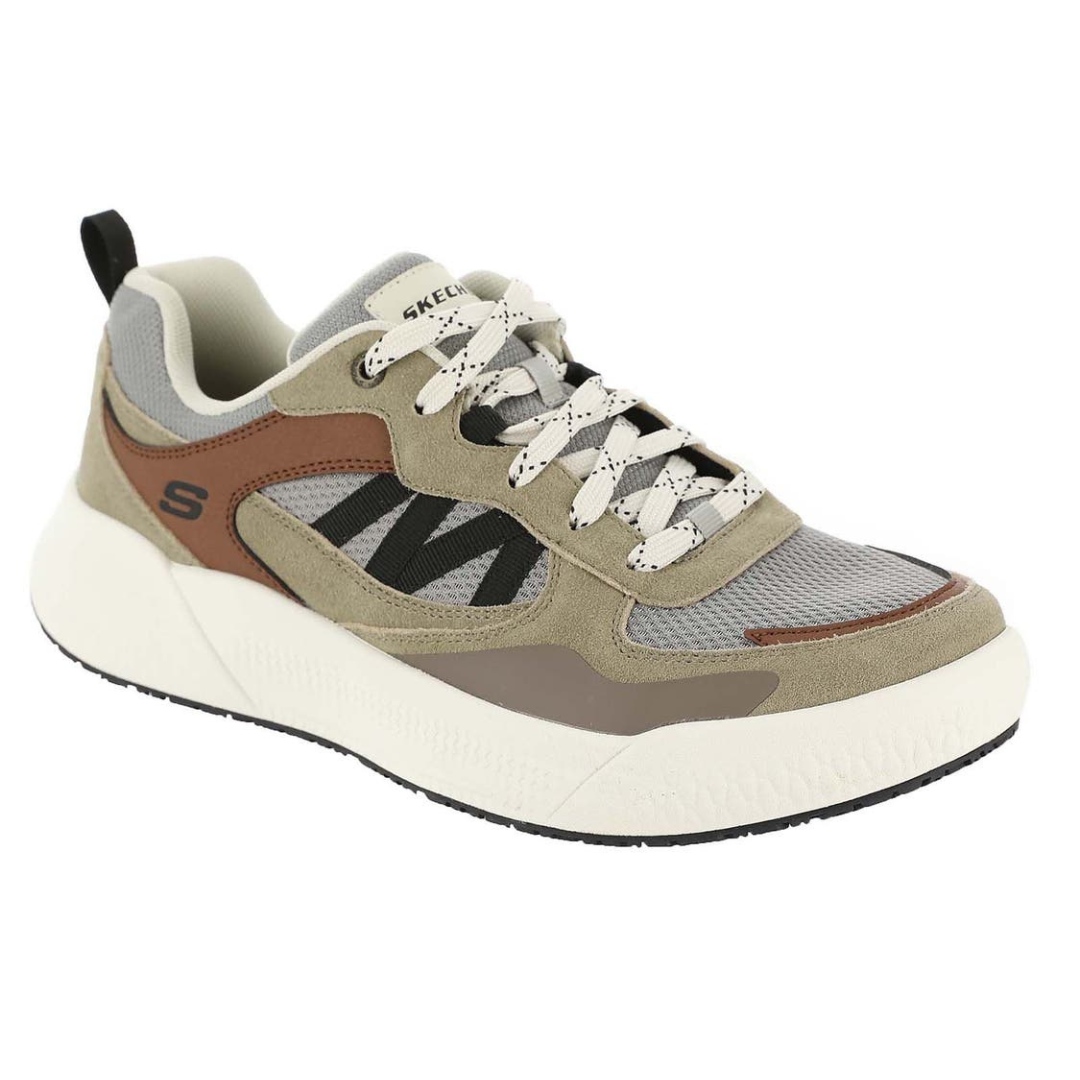 A casual sneaker with a beige, brown, and gray color scheme, featuring a mesh upper, suede overlays, and cushioned white sole. Branding details include a black \“S\“ logo on the side and \“Skechers\“ text on the tongue, with patterned white laces.