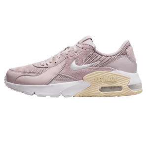 Nike Air Max sneaker in light pink with mesh and suede materials, featuring a white swoosh and beige air cushion sole.