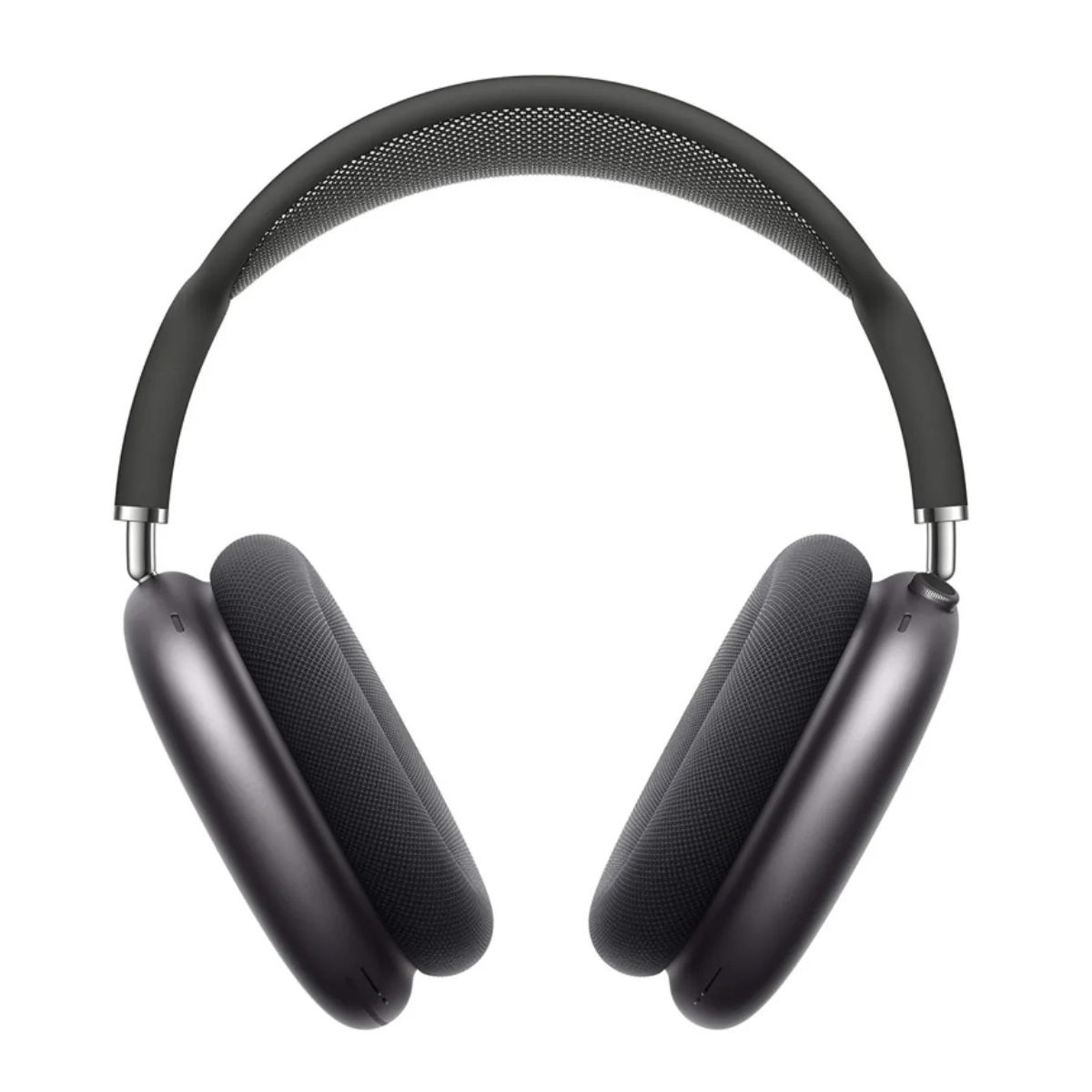 Apple AirPods Max are over-ear headphones featuring a sleek, silver and gray design with cushioned ear cups and a breathable mesh headband. They include buttons for controls and swivel hinges for a customizable fit.