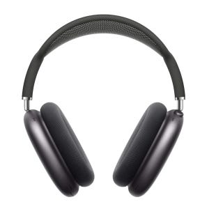 Apple AirPods Max are over-ear headphones featuring a sleek, silver and gray design with cushioned ear cups and a breathable mesh headband. They include buttons for controls and swivel hinges for a customizable fit.