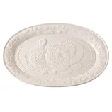 White ceramic platter featuring an embossed turkey design with a decorative fruit border.