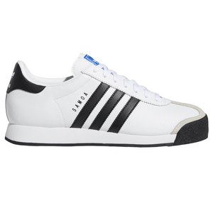 Adidas Samoa sneaker, featuring a white leather upper with black stripes, black heel detail, and a textured black toe guard.