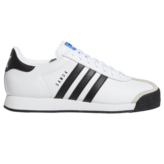 Adidas Samoa sneaker, featuring a white leather upper with black stripes, black heel detail, and a textured black toe guard.