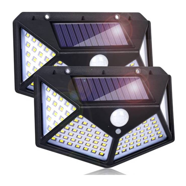 2pk Motion-Activated Solar Lights feature a black frame with a central solar panel and multiple LED lights on each side, designed for outdoor use. They include a motion sensor for automatic operation.