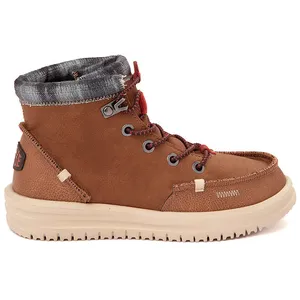 Brown ankle boot with a white sole, red laces, metal eyelets, plaid inner lining, and visible stitching details.