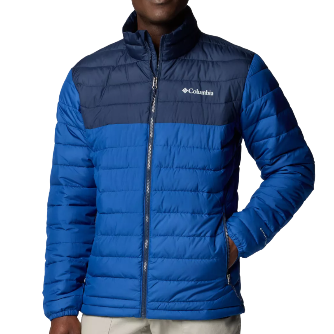 A blue and navy quilted jacket with a full zip front and Columbia branding, designed for warmth and outdoor activities.