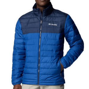 A blue and navy quilted jacket with a full zip front and Columbia branding, designed for warmth and outdoor activities.