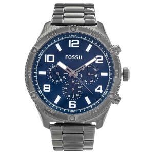 Fossil Men's Brox Watch features a blue dial with large numerals, three subdials for day, date, and 24-hour time, set in a stainless steel case with a rotating bezel, and a metal link bracelet.