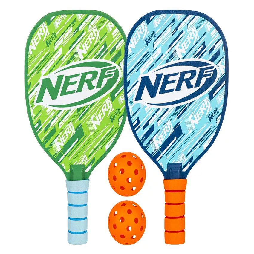 Nerf Pickleball Set includes two colorful paddles (one green, one blue) with foam grips and two orange perforated balls, designed for recreational play.