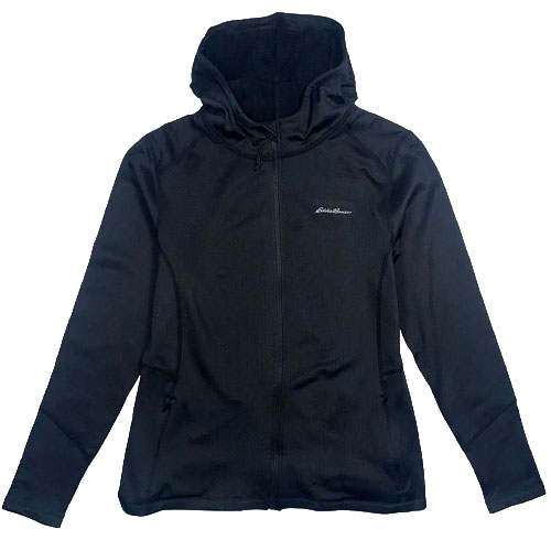 Black zip-up hoodie with a hood and full-length sleeves, featuring a small logo on the front.