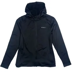 Black zip-up hoodie with a hood and full-length sleeves, featuring a small logo on the front.