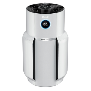 A Shark air purifier with a digital display, labeled \“NeverChange,\“ accompanied by a teal filter or accessory on the side.