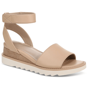 Beige sandal with an open toe, ankle strap, and cushioned sole. Features a textured platform with a zigzag pattern on the outsole for added grip.