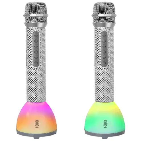 Two silver portable wireless microphones with built-in speakers feature multicolor LED light bases and button controls.