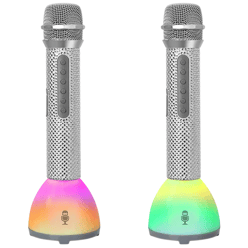 Two silver portable wireless microphones with built-in speakers feature multicolor LED light bases and button controls.