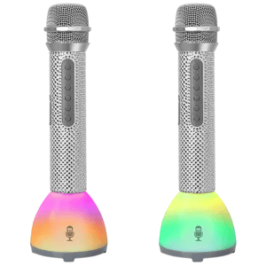 Two silver portable wireless microphones with built-in speakers feature multicolor LED light bases and button controls.