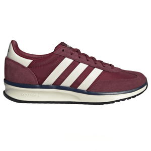 Maroon Adidas sneaker with white stripes and a Cloudfoam sole, featuring suede and synthetic materials.