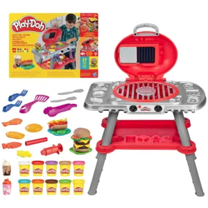 Play-Doh Sizzlin' Grill Set features a toy grill, various barbecue-themed molds, utensils, and 10 cans of colorful Play-Doh for imaginative play.