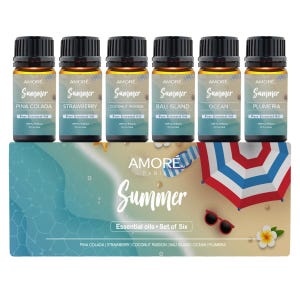 Set of six Amore Paris Summer pure essential oils: Pina Colada, Strawberry, Coconut Passion, Bali Island, Ocean, and Plumeria, each 0.35 fl oz (10 ml).