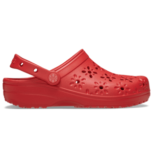 Red Crocs clog with flower-shaped cutouts, featuring an adjustable heel strap and lightweight design.