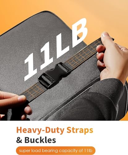 A car trash can with heavy-duty straps and buckles, boasting a load capacity of 11 pounds.