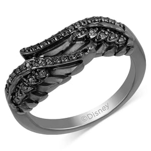Disney Enchanted Black Diamond Wing Ring features black diamonds set on wing-shaped designs, with a sleek black band. The \“Disney\“ logo is engraved on the inside.
