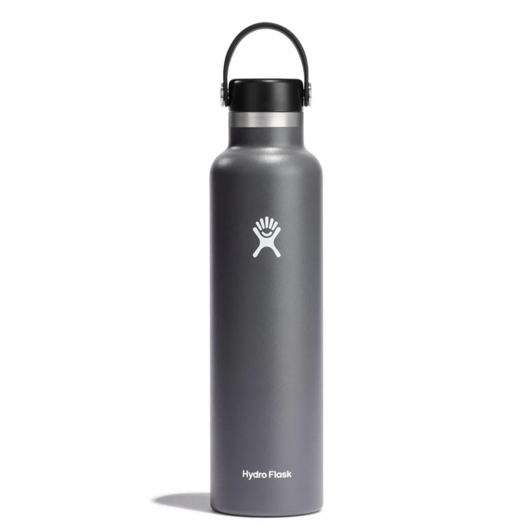 A gray Hydro Flask water bottle with a black lid and carrying handle, featuring the Hydro Flask logo.