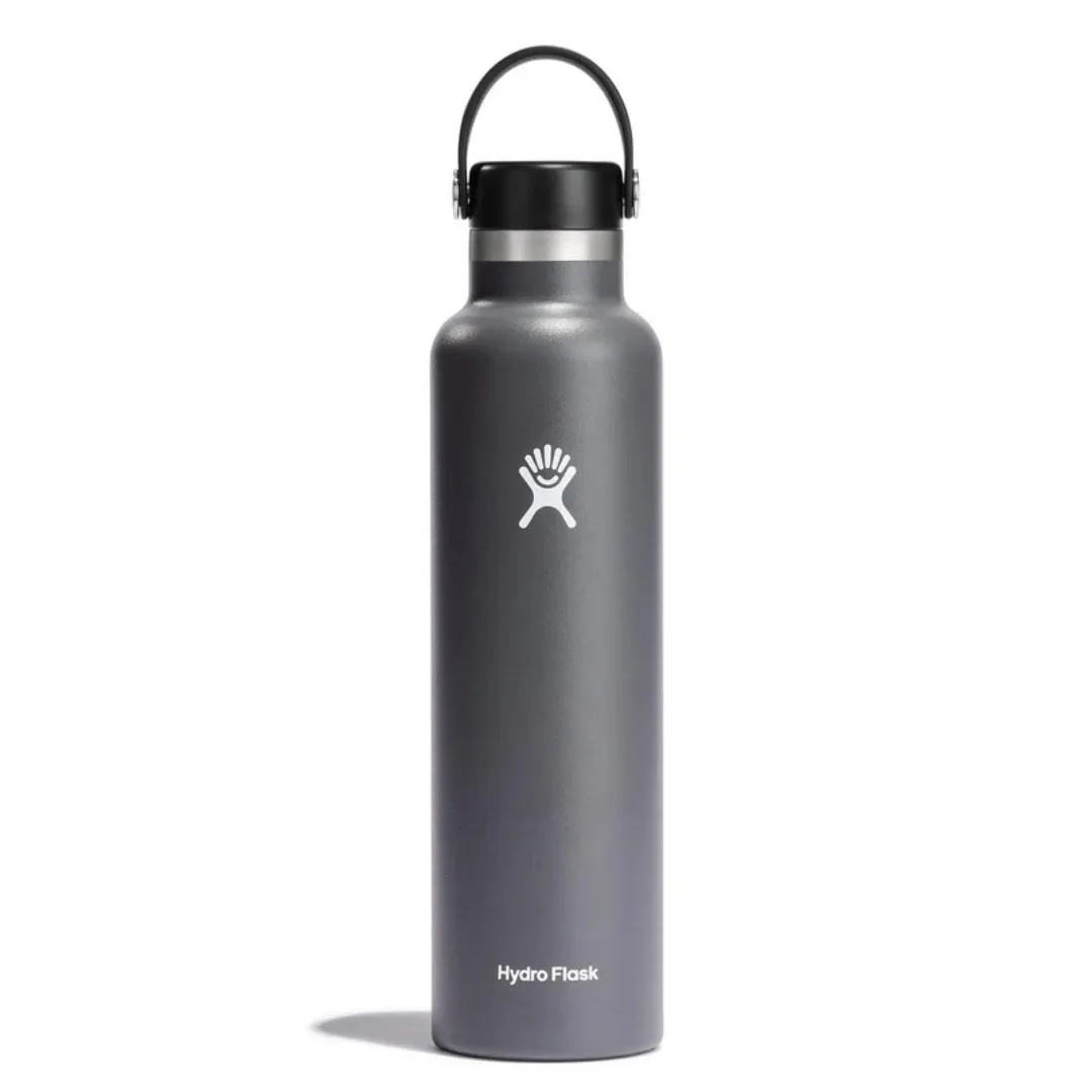 A gray Hydro Flask water bottle with a black lid and carrying handle, featuring the Hydro Flask logo.