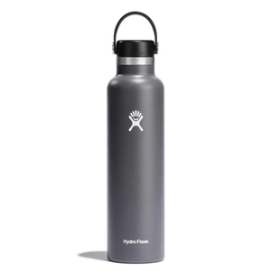 A gray Hydro Flask water bottle with a black lid and carrying handle, featuring the Hydro Flask logo.