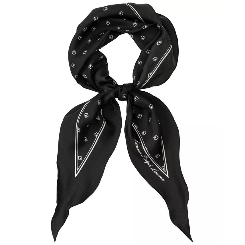 A black silk scarf featuring a subtle diamond pattern and white diagonal stripes, tied in a decorative knot.