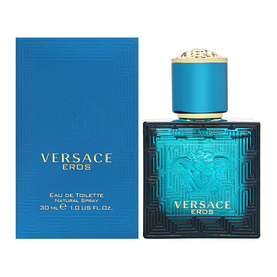 Versace Eros Eau de Toilette Spray, shown with packaging, comes in a turquoise bottle featuring a Greek key design and Medusa emblem. The label reads 30 ml (1.0 US FL OZ) Natural Spray.
