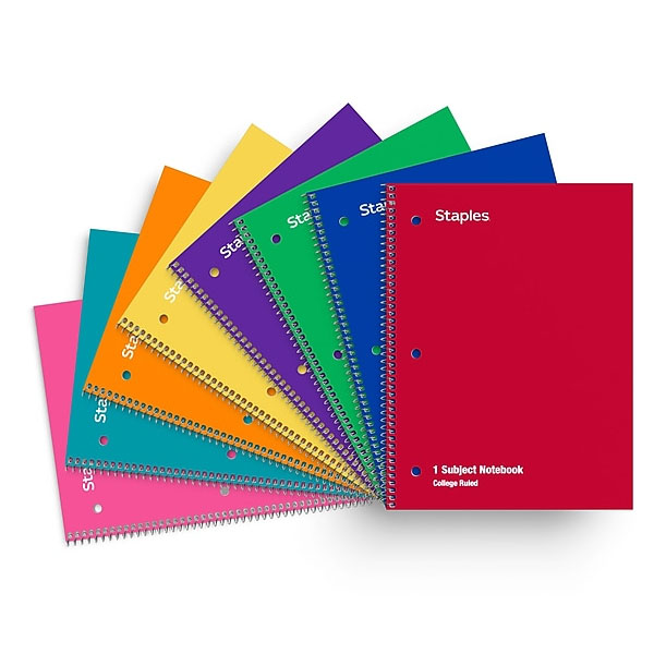 Staples 1-Subject Spiral Notebooks are displayed in a range of vibrant colors, featuring college-ruled pages and a durable spiral binding. Each notebook has perforated pages and two holes punched for easy organization.